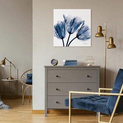 TMP-AK011A-2424 Blue Tulip X-Ray Flower Wall Art on Frameless Free Floating Tempered Glass Panel Ready to Hang, Living Room, Bedroom ＆ Office, 24" x 24" x 0.2"