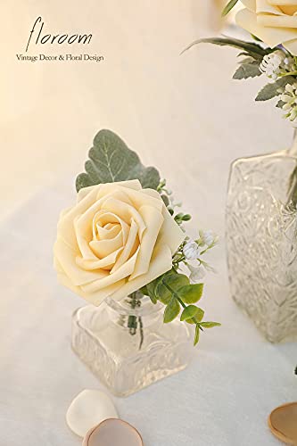 Artificial Flowers 50pcs Real Looking Creamy Yellow Foam Fake Roses with Stems for DIY Wedding Bouquets Bridal Shower Centerpieces Floral Arrangements Party Tables Home Decorations (50 Count)