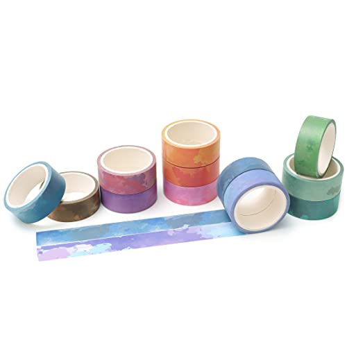 Watercolors Washi Tape Set 12 Rolls Pastel Colors Masking Macaron Graphic Decorative Tapes for Arts (196.8 Foot)