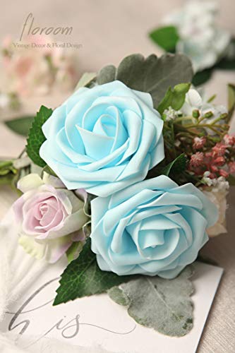 Artificial Flowers 50pcs Real Looking Aqua Blue Foam Fake Roses with Stems for DIY Wedding Bouquets Bridal Shower Centerpieces Floral Arrangements Party Tables Home Decorations (50 Count)