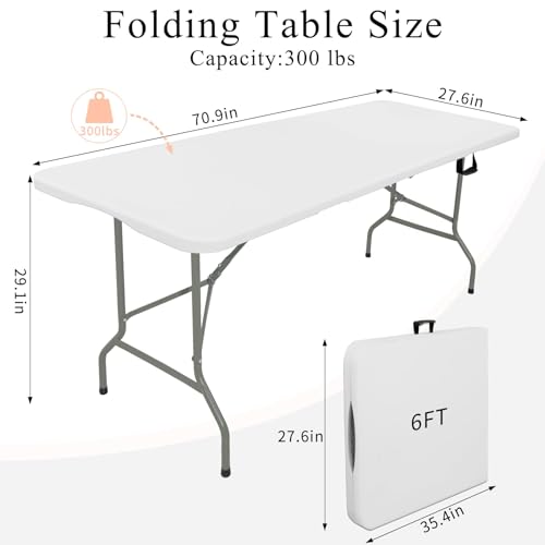 Set of 2 Folding Tables with Carrying Handle Lightweight 6FT Rectangular Portable Plastic Camping Table Steel Legs for Indoor Party (2 Count)