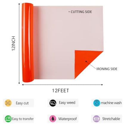 Neon Orange HTV Iron on Vinyl 12Inch by 12ft Roll HTV Heat Transfer Vinyl for T