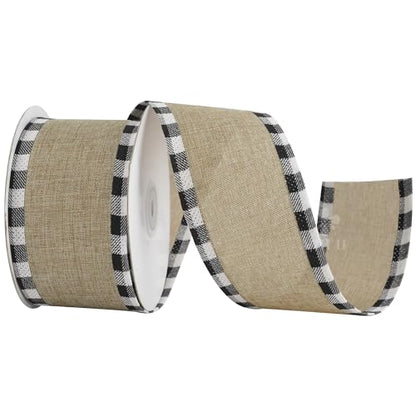 Burlap Christmas Ribbon Wired 2.5 Inch Plaid with Black and White Checkered Edging 10 Yards for Christmas Tree and Wreath Making (30 Foot)