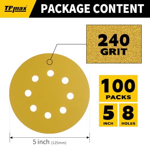 100PCS 5 Inch 240 Grit 125mm 8 Hole Sanding Discs Sandpaper (100 Count)