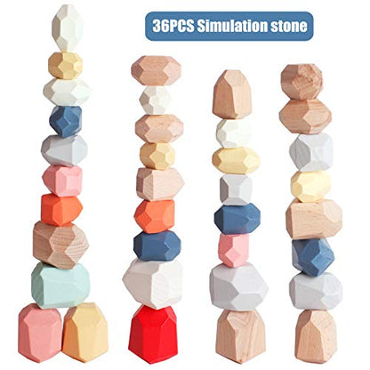 36 PCS Wooden Sorting Stacking Rocks Stones