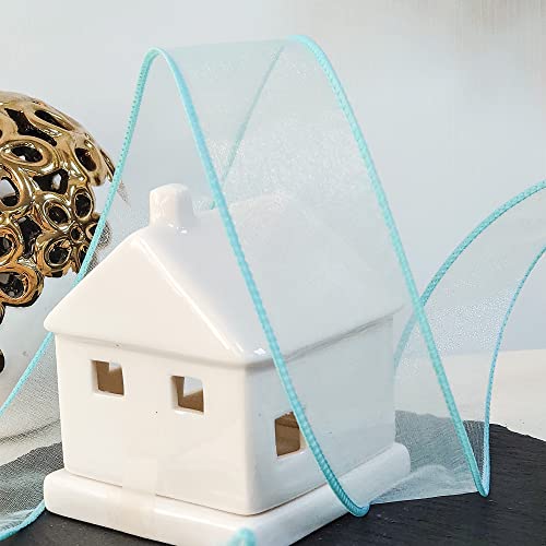 Sheer Organza Wired Ribbon 1.5" x 50Yards Blue for Wedding Chair Bow Flora Bouquet Gift Wrapping Christmas Tree Home Decor Wreath (150 Foot)