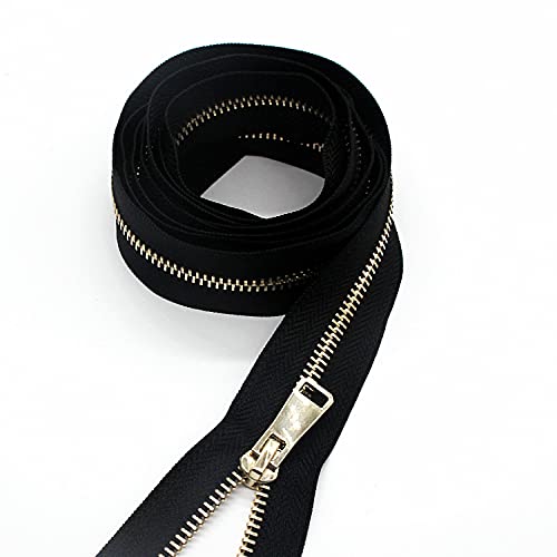 5 Metal Zippers Roll Bulk 2 Yards Black Zipper by The Yards with 10 pcs Sliders Light Gold Teeth Zipper for Sewing Bag Craft Backpack