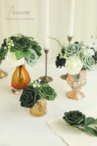 Artificial Flowers 50pcs Real Looking Emerald Green Foam Fake Roses with Stems for DIY Wedding Bouquets Bridal Shower Centerpieces Floral Arrangements Party Tables Home Decorations (50 Count)
