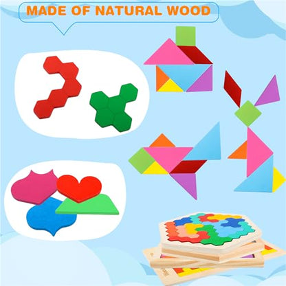 5 Pack Wooden Tangrams Puzzle Set Wooden Hexagon Puzzle Wood Russian Blocks Tangram Puzzle Brain Teaser Puzzles for Kids Adults 3D Logic Intelligence IQ Game Gift (5 Count)