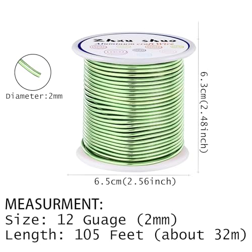 12 Gauge(2mm) Aluminum Wire 35 Yards Anodized Metal Wire for Bonsai Armature Crafting Sculpting Jewelry Craft Making Beading Floral (Light Green, 12 Gauge) (105 Foot)