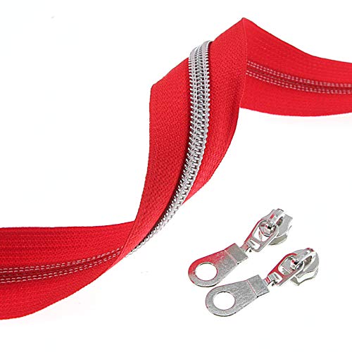 5 Silver Metallic Nylon Coil Zippers by The Yard Bulk 10 Yards Red Tape with 25pcs Silver Sliders for DIY Sewing Tailor Craft Bag