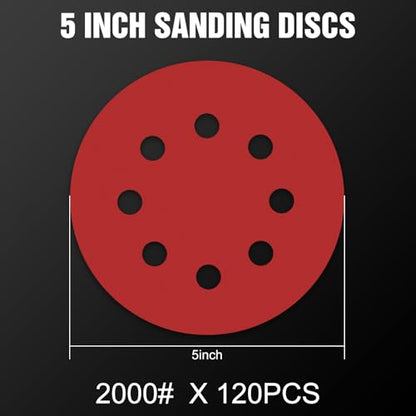 120 Pcs 5 inch Sanding Discs 2000 Grit 8 Hole Hook and Loop Round Sandpaper for Random Orbital Sander (120 Count)