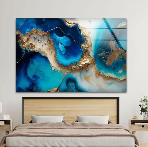 20Wx14H'' Blue Alcohol ink Glass Wall ArtTempered Glass Printing Wall Decor Large Wall Art Wall Hangings