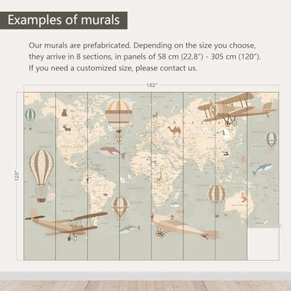 Vintage Animal Wallpaper Cartoon Aircraft Map wall murals for Kids Room 182"x120"