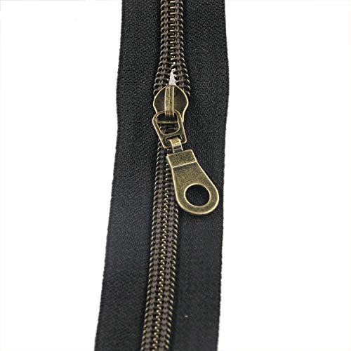 5 Antique Brass Metallic Nylon Coil Zippers by The Yard Bulk 10 Yards Black Zipper Tape with 25pcs Brass Sliders for DIY Sewing Tailor Craft Bag