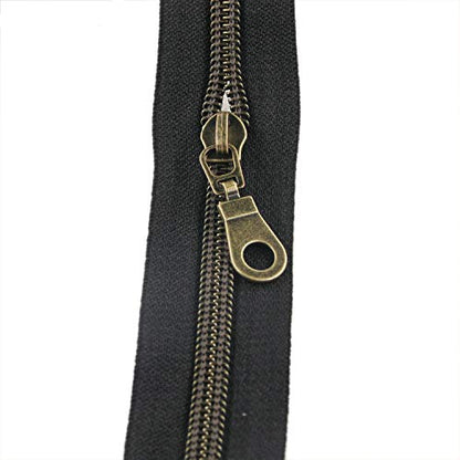 5 Antique Brass Metallic Nylon Coil Zippers by The Yard Bulk 10 Yards Black Zipper Tape with 25pcs Brass Sliders for DIY Sewing Tailor Craft Bag