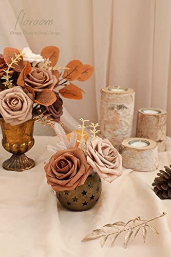 Artificial Flowers 25pcs Real Looking Earth Tones Ombre Colors Foam Fake Roses with Stems for DIY Wedding Bouquets Bridal Shower Floral Centerpieces Party Tables Home Decorations (25 Count)