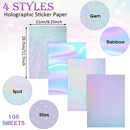 108 Sheets Holographic Sticker Paper Clear A4 Vinyl Sticker Laminate Sheets Adhesive Holographic Overlay Waterproof Transparent Film with Gem