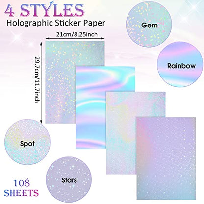 108 Sheets Holographic Sticker Paper Clear A4 Vinyl Sticker Laminate Sheets Adhesive Holographic Overlay Waterproof Transparent Film with Gem