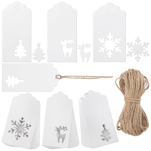 150 Pieces Christmas Paper Gift Tags White Kraft Tags Hang Labels Christmas Tree Snowflake Reindeer Design with 30 Meters Jute Twine for Christmas DIY Wrapping Favor Holiday Present