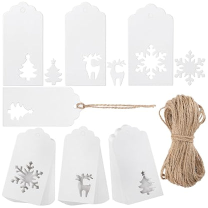 150 Pieces Christmas Paper Gift Tags White Kraft Tags Hang Labels Christmas Tree Snowflake Reindeer Design with 30 Meters Jute Twine for Christmas DIY Wrapping Favor Holiday Present