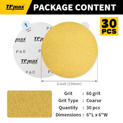 6-Inch 60-Grit Gold PSA Sanding Discs, 30 Pack – Pro-Grade Self-Adhesive Stickyback Sandpaper with Quick-Release Tabs for DA Sander, Coarse Automotive/Wood/Metal Sanding (30 Count)