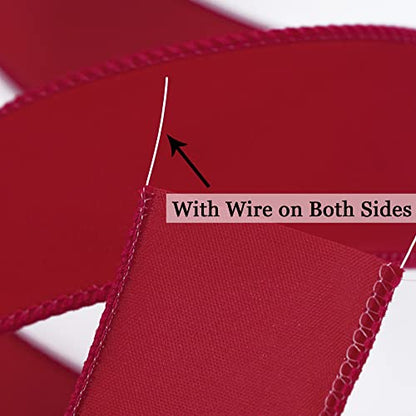 Red 1.5 Inch Velvet Wired Ribbon 25 Yards Dark Red Velvet Ribbons Spool Velvet Christmas Ribbons Red Velvet Wired Ribbon for Christmas Tree (75 Foot)
