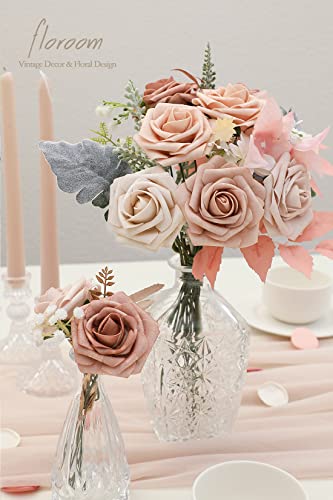 Artificial Flowers 25pcs Real Looking Morandi Peach Ombre Colors Foam Fake Roses with Stems for DIY Wedding Bouquets Bridal Shower Floral Centerpieces Party Tables Home Decorations (25 Count)
