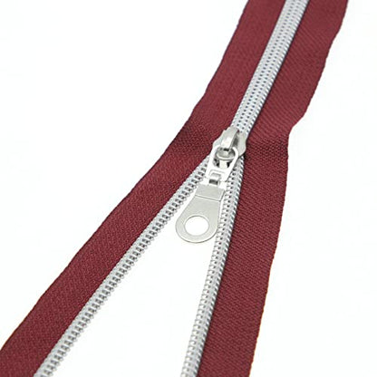 5 Metallic Silver Nylon Coil Zippers by The Yard Bulk 10 Yards Wine Color Zipper Tape with 25pcs Silver Sliders for DIY Sewing Tailor Craft Bag