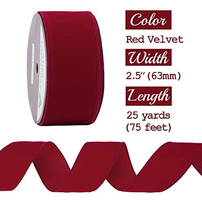 Red Velvet Wired Ribbon 2.5 Inch Wide Red Ribbons 25 Yards Spool Velvet Christmas Ribbon Red Wired Ribbons for Christmas Tree (75 Foot)