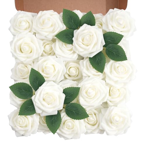 Artificial Flowers Foam Fake Roses 25pcs White Roses with Stems for Home Decor DIY Wedding Bouquets Party Bridal Shower Centerpieces Faux Flower Arrangements Tables Decorations (25 Count)