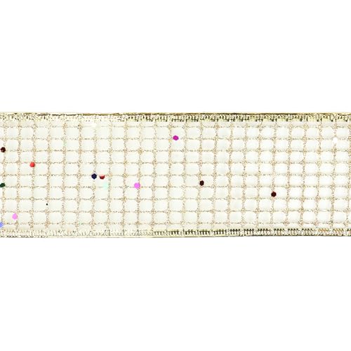 Champagne Gold Glitter Christmas Ribbon 2.5 Inch Square Mesh Net Wired Ribbons with Rainbow Sparkle Champagne Ribbon for Christmas Tree Decoration (30 Foot)