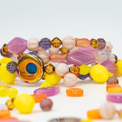 1.4oz (40g) Limited Mix of Czech Glass Beads, Hand Made Set Kit, Pink Rhombus Flowers Yellow Lemon Beads