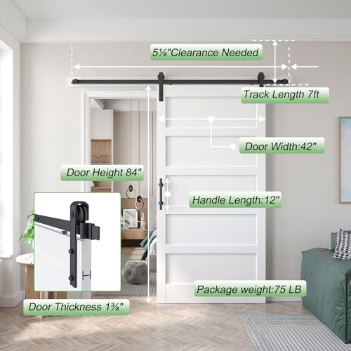 42x84 inch White Barn Door with 7FT Sliding Door Hardware Kit Included & Handle