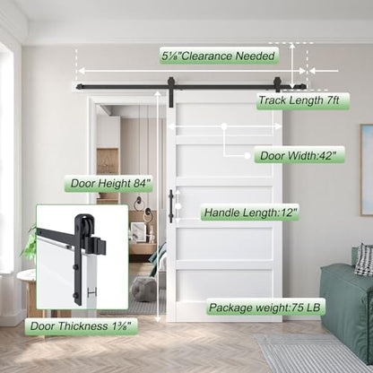 42x84 inch White Barn Door with 7FT Sliding Door Hardware Kit Included & Handle