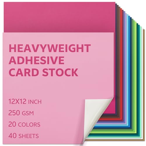 12x12 Inch Colored Sticker Paper Sheets Heavyweight Printable Sticky Back Cardstock 250GSM for DIY Stickers (40 Count)