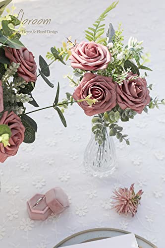 Artificial Flowers 25pcs Real Looking Dusty Rose Foam Fake Roses with Stems for DIY Wedding Bouquets Bridal Shower Centerpieces Floral Arrangements Party Tables Home Decorations (25 Count)