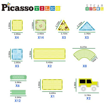 Dinosaur Magnetic Tiles Racecar Track with 8 Magnet Tile Dino Toys 2 Cars Street Sign Accessory Kit Construction Building Blocks Educational Picasso Toy for Kids Ages 3 and up PTR02 (89 Count)
