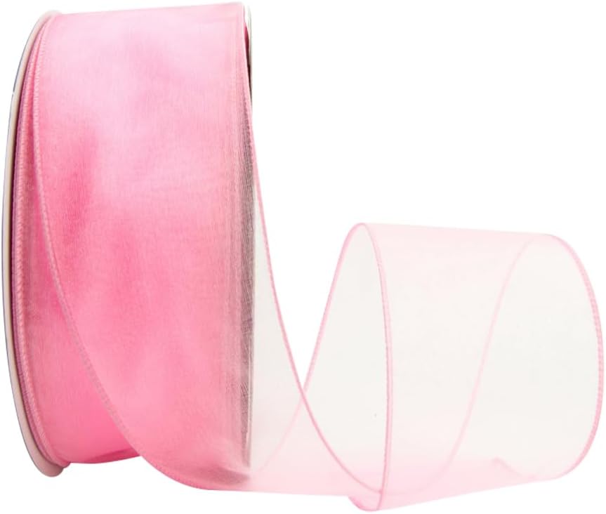 Ribbon Bazaar Sheer Organza Wired Ribbon - 100% Polyester Wire Edged Ribbon for Floral Decor, Table Arrangements, Apparel Embellishment & More - 2-1/2" Pink 50yd - Crafty Corner