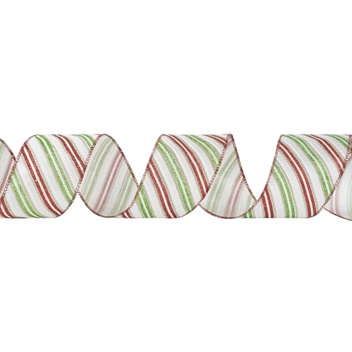 Red and Green Diagonal Striped Ribbon 2.5 Inch White Satin with Lime Green and Red Glitter Wired Ribbon for Christmas Tree (30 Foot)