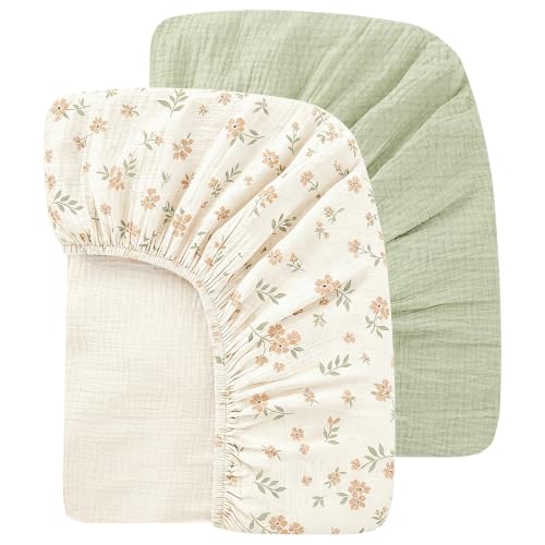 Organic Baby Crib Sheets 52x28 Inches 2 Pack 100% Muslin Cotton Soft Boho Toddler Fitted Crib Bed Mattress Sheet for Baby Girls Fits Standard Size Crib Mattress 28x52 Inches Blossom & Grass Green (2 Count)