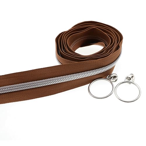 5 Silver Metallic Nylon Coil Zippers by The Yard Bulk 10 Yards Brown Zipper Tape with 25pcs Silver Ring Pull Sliders for DIY Sewing Tailor Craft Bag