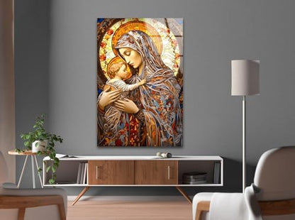 32Wx48H'' Jesus and Virgin Mary Glass Wall Art Tempered Glass Printing Wall Decor Large Wall Art Wall Hangings