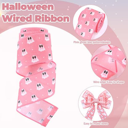 12 Rolls 60 Yards Pink Halloween Wired Ribbon for Wreath Bow Craft (12 Count)
