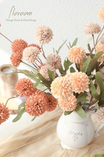 9pcs Burnt Orange Peach Mix Faux Silk Mums Artificial Flowers (9 Count)