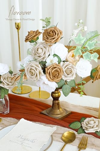 Artificial Flowers 25pcs Real Looking Gold & Champagne Gold Foam Fake Roses with Stems for DIY Wedding Bouquets Bridal Shower Centerpieces Floral Arrangements Party Tables Home Decorations (25 Count)