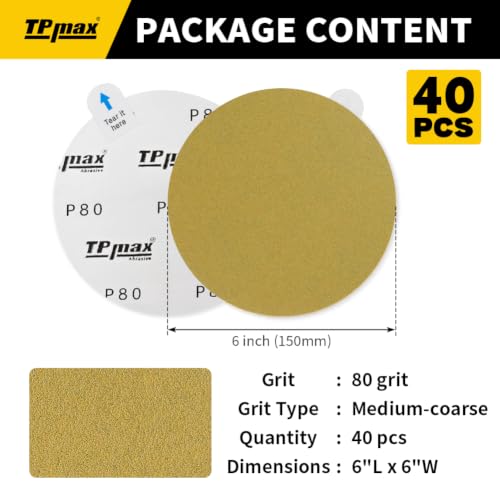 6-Inch 80-Grit Gold PSA Sanding Discs, 40 Pack – Pro-Grade Self-Adhesive Stickyback Sandpaper with Quick-Release Tabs for DA Sander, Medium-Coarse Automotive/Wood/Metal Sanding (40 Count)