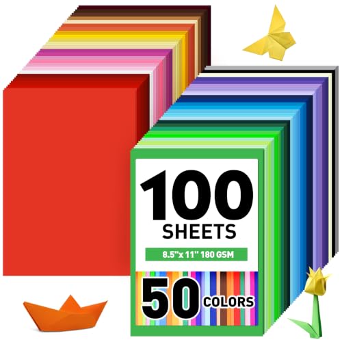 8.5" X 11" Colored Cardstock Bulk 100 Assorted Sheets in 50 Colors Construction Paper Card Stock Printer Paper for DIY Crafts