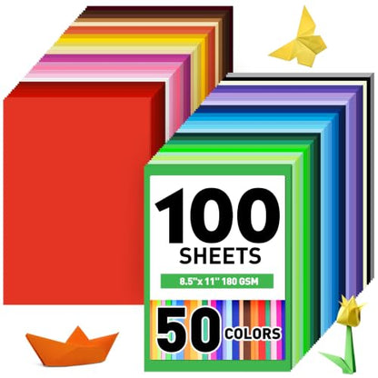 8.5" X 11" Colored Cardstock Bulk 100 Assorted Sheets in 50 Colors Construction Paper Card Stock Printer Paper for DIY Crafts