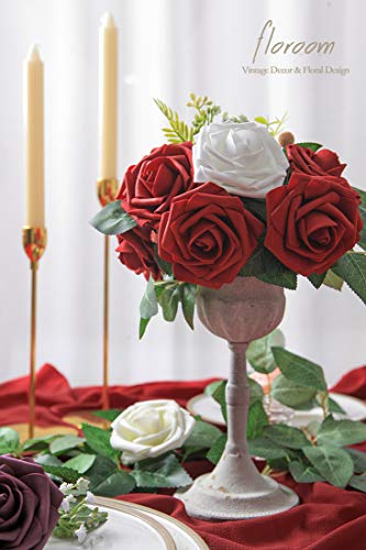 Artificial Flowers 50pcs Real Looking Dark Red Foam Fake Roses with Stems for DIY Wedding Bouquets Bridal Shower Centerpieces Floral Arrangements Party Tables Home Decorations (50 Count )